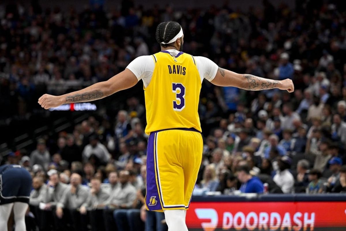 Dec 12, 2023; Dallas, Texas, USA; Los Angeles Lakers forward Anthony Davis (3) celebrates during the second half against the Dallas Mavericks at the American Airlines Center.