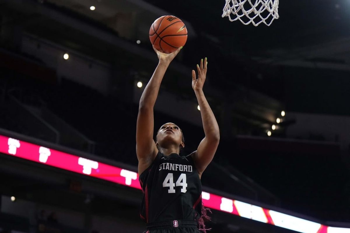 Jan 15, 2023; Los Angeles, California, USA; Stanford Cardinal forward Kiki Iriafen (44) shoots the ball against the Southern California Trojans in the second half at Galen Center.  USC defeated Stanford 55-46.