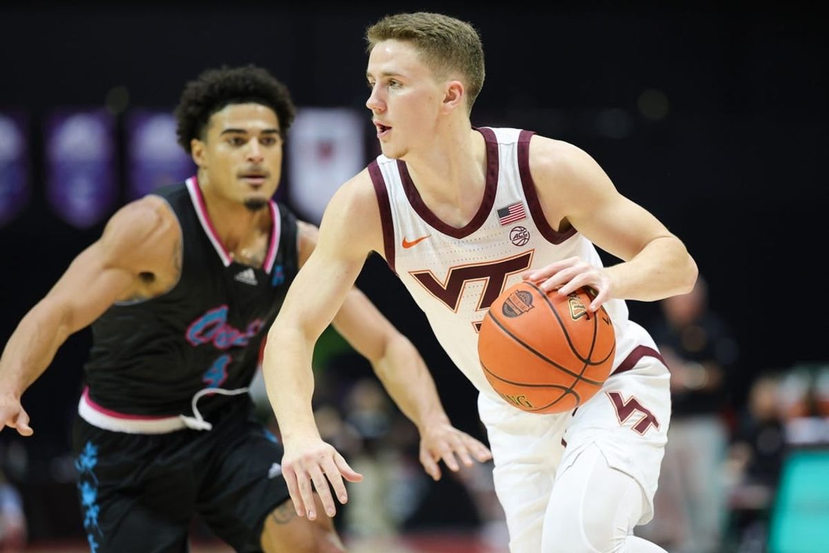 Nov 26, 2023; Kissimmee, FL, USA;  Virginia Tech Hokies guard Sean Pedulla (3) drives to the hoop against the Florida Atlantic Owls in the first half during the ESPN Events Invitational Championship game at State Farm Field House.
