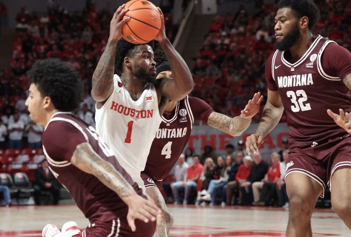 Nov 24, 2023; Houston, Texas, USA; Houston Cougars guard Jamal Shead (1) of Montana Grizzlies handles the ball in the second half at Fertitta Center.