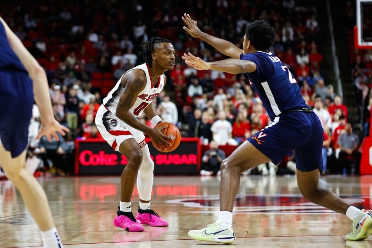 Jan 6, 2024; Raleigh, North Carolina, USA;  North Carolina State Wolfpack guard DJ Horne (0) with the ball during the first half against Virginia Cavaliers at PNC Arena.