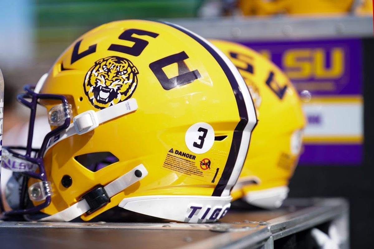 Oct 7, 2023; Columbia, Missouri, USA; A general view of a LSU Tigers helmet against the Missouri Tigers during the first half at Faurot Field at Memorial Stadium.