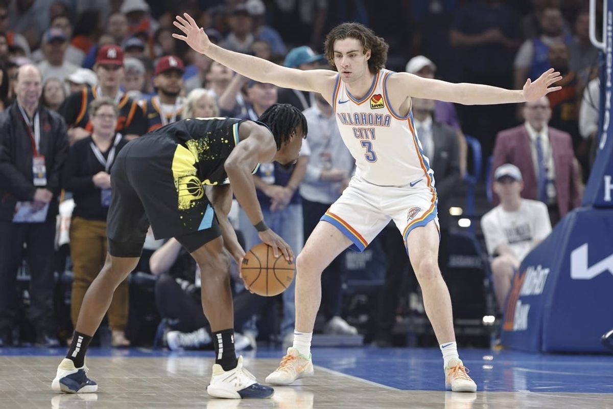 Mar 12, 2024; Oklahoma City, Oklahoma, USA; Oklahoma City Thunder guard Josh Giddey (3) defends Indiana Pacers forward Aaron Nesmith (23) during the first quarter at Paycom Center.