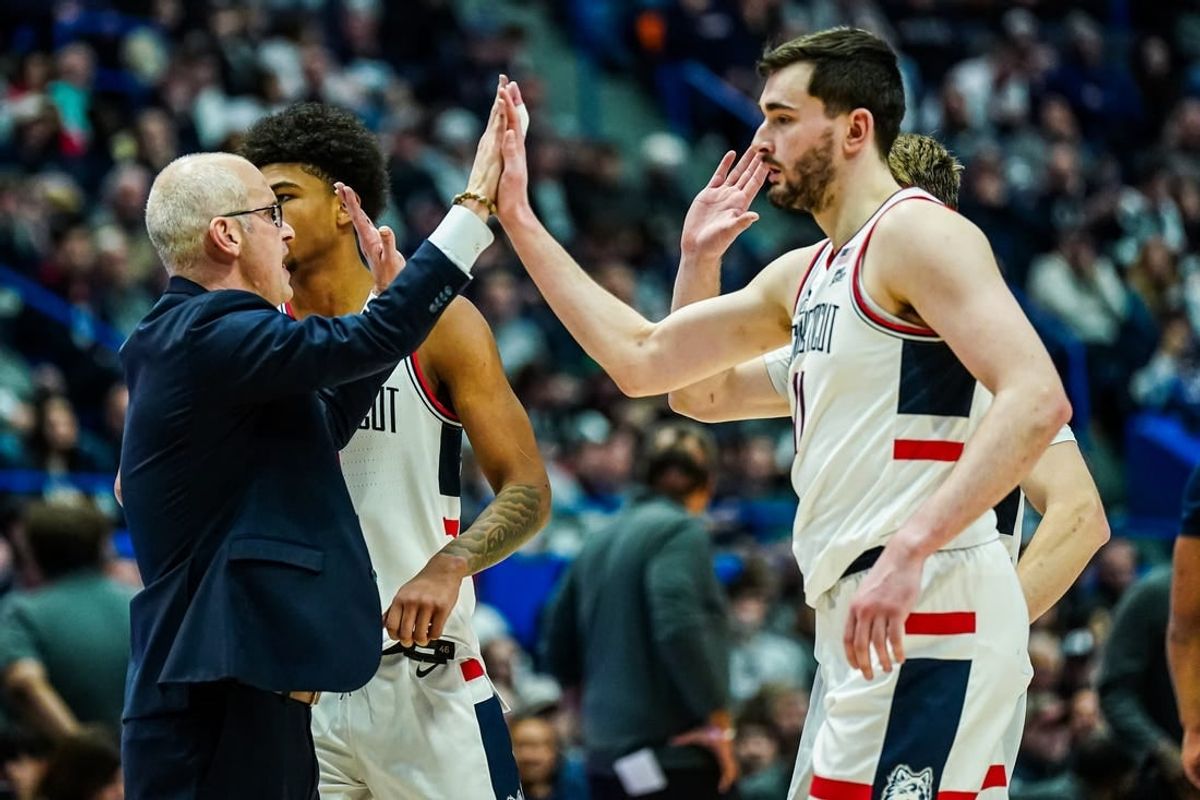 Jan 14, 2024; Hartford, Connecticut, USA; Connecticut Huskies head coach Dan Hurley reacts wi6h his players as they take on the Georgetown Hoyas at XL Center.