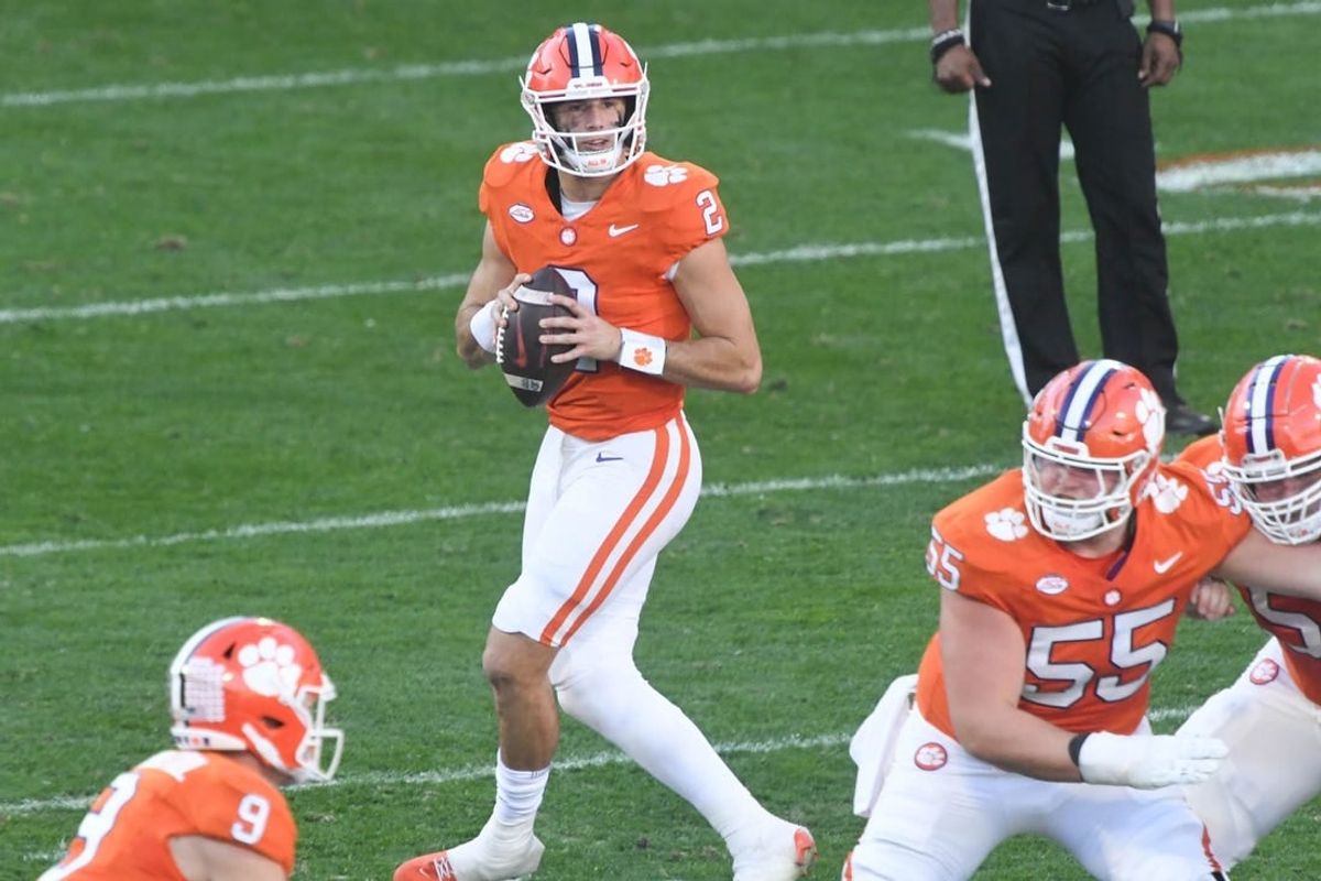 Nov 18, 2023; Clemson, South Carolina, USA; Clemson Tigers quarterback Cade Klubnik (2) drops back to pass against the North Carolina Tar Heels during the first quarter at Memorial Stadium.
