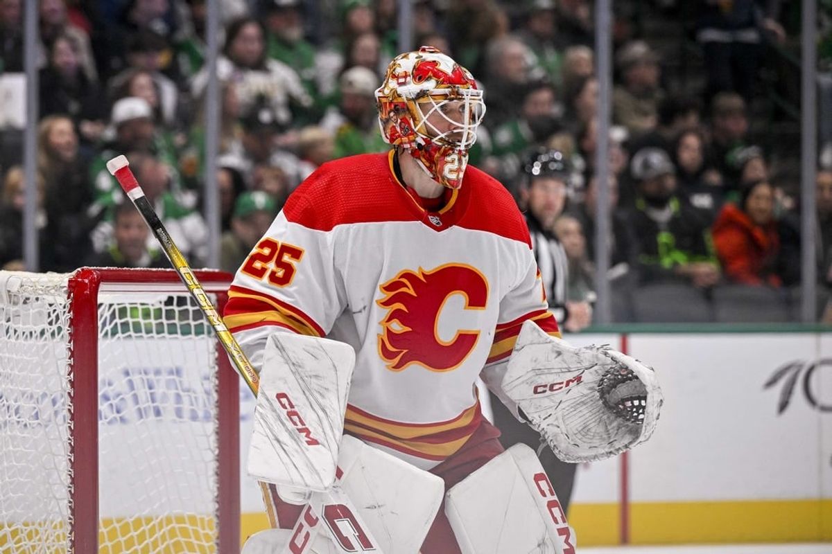 Nov 24, 2023; Dallas, Texas, USA; Calgary Flames goaltender Jacob Markstrom (25) during the game between the Dallas Stars and the Calgary Flames at the American Airlines Center.