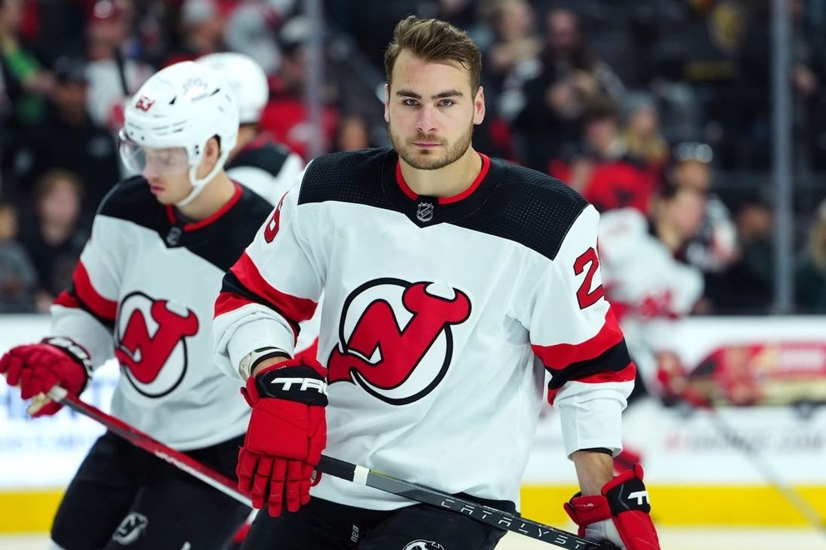 Mar 17, 2024; Las Vegas, Nevada, USA; New Jersey Devils right wing Timo Meier (28) warms up before a game against the Vegas Golden Knights at T-Mobile Arena.