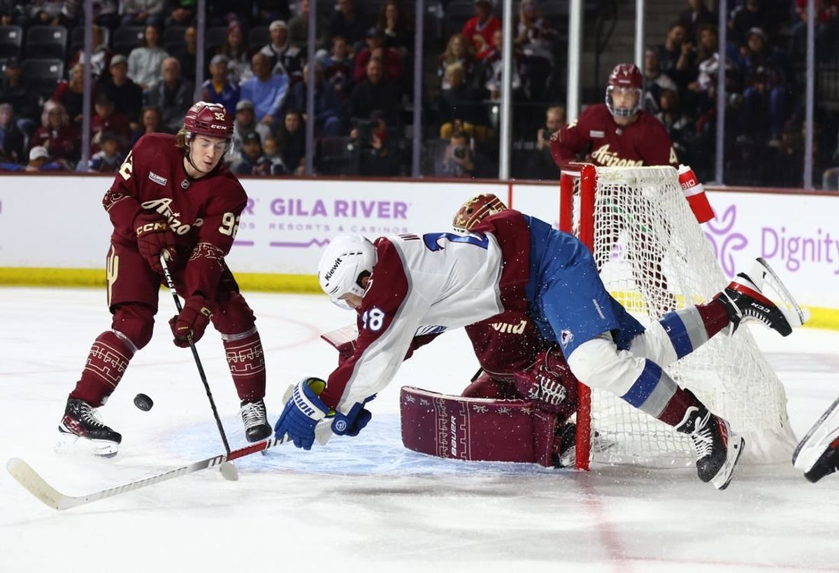 Nov 30, 2023; Tempe, Arizona, USA; Colorado Avalanche left wing Miles Wood (28) is upended as he attempts to score a goal against the Arizona Coyotes in the first period at Mullett Arena.