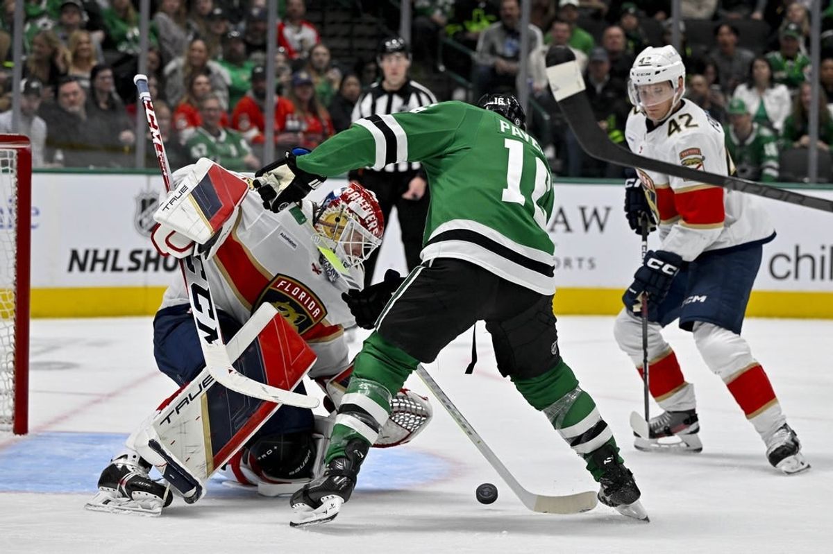 Mar 12, 2024; Dallas, Texas, USA; Dallas Stars center Joe Pavelski (16) attempts to poke the puck past Florida Panthers goaltender Sergei Bobrovsky (72) during the second period at the American Airlines Center.