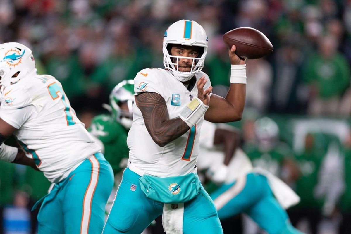 Oct 22, 2023; Philadelphia, Pennsylvania, USA; Miami Dolphins quarterback Tua Tagovailoa (1) passes the ball against the Philadelphia Eagles during the second quarter at Lincoln Financial Field.