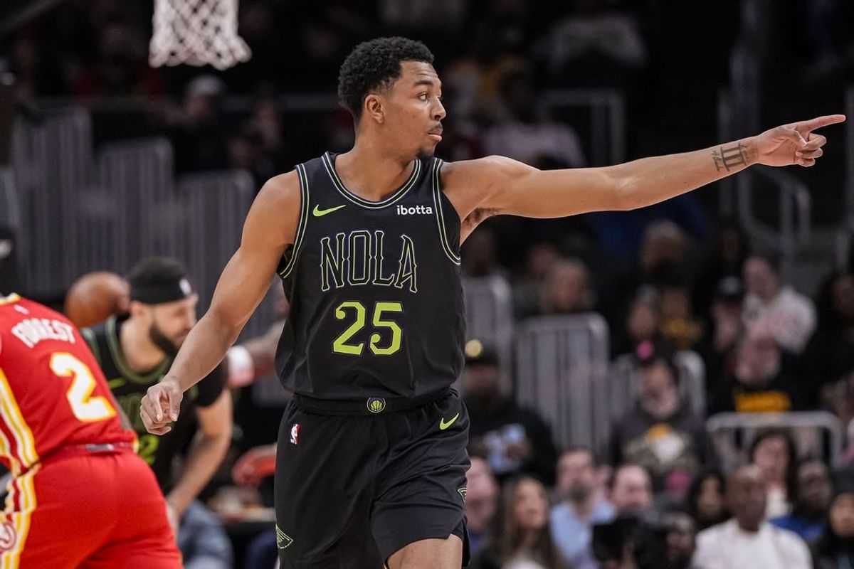 Mar 10, 2024; Atlanta, Georgia, USA; New Orleans Pelicans guard Trey Murphy III (25) reacts after scoring against the Atlanta Hawks during the first half at State Farm Arena.