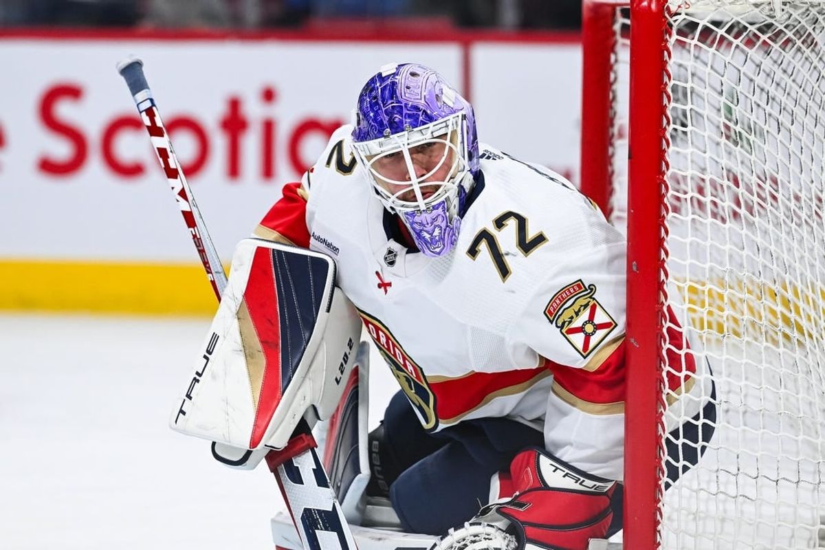 Nov 30, 2023; Montreal, Quebec, CAN; Florida Panthers goalie Sergei Bobrovsky (72) looks on during warm-up before the game against the Montreal Canadiens at Bell Centre.