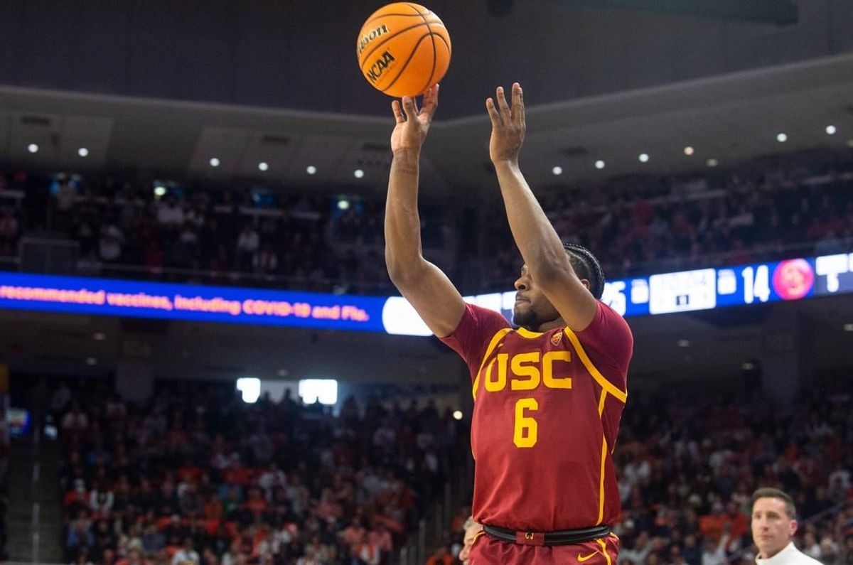 USC Trojans player Bronny James (6) takes a jump shot as Auburn Tigers take on USC Trojans at Neville Arena in Auburn, Ala., on Sunday, Dec. 17, 2023.