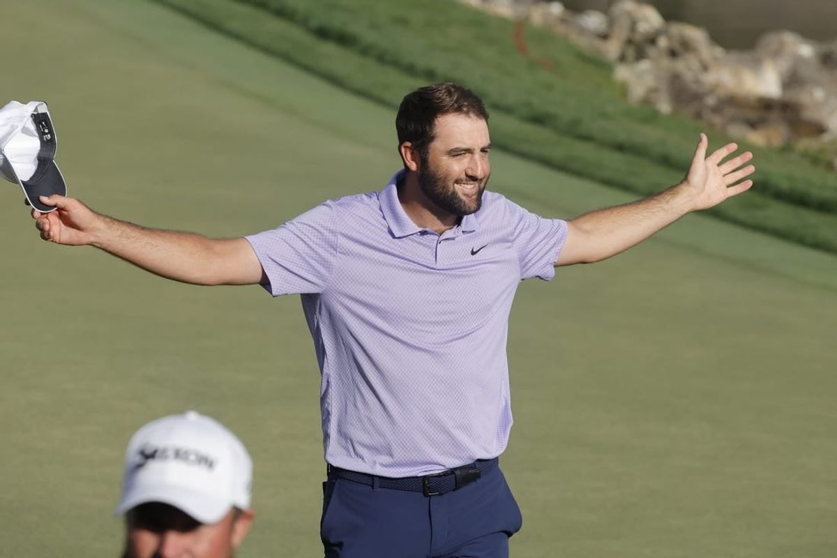 Mar 10, 2024; Orlando, Florida, USA;  Scottie Scheffler celebrates after he won the Arnold Palmer Invitational golf tournament.