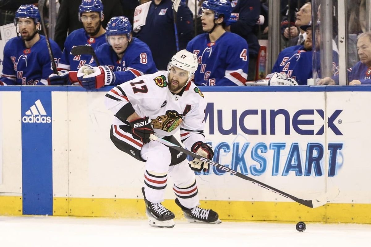 Jan 4, 2024; New York, New York, USA; Chicago Blackhawks left wing Nick Foligno (17) controls the puck in the third period against the New York Rangers at Madison Square Garden.