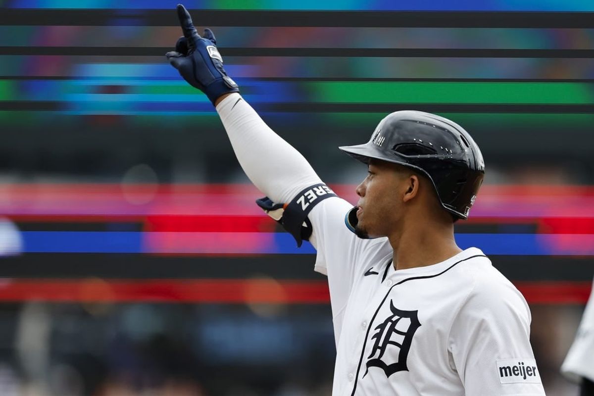Apr 28, 2024; Detroit, Michigan, USA;  Detroit Tigers right fielder Wenceel Perez (46) celebrates after he hits a single in the fifth inning against the Kansas City Royals at Comerica Park.