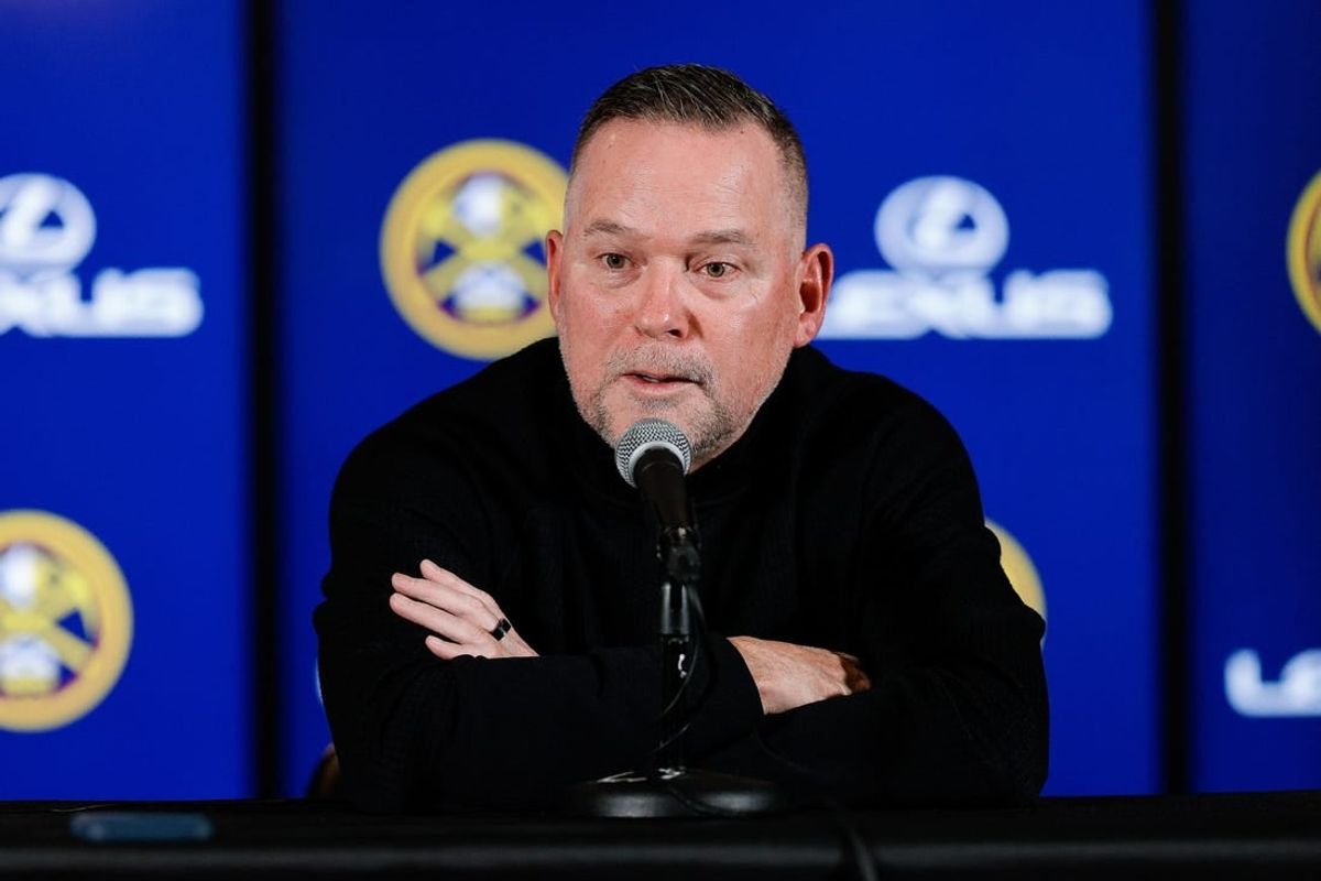 Nov 8, 2023; Denver, Colorado, USA; Denver Nuggets head coach Michael Malone addresses the media before the game against the Golden State Warriors at Ball Arena.