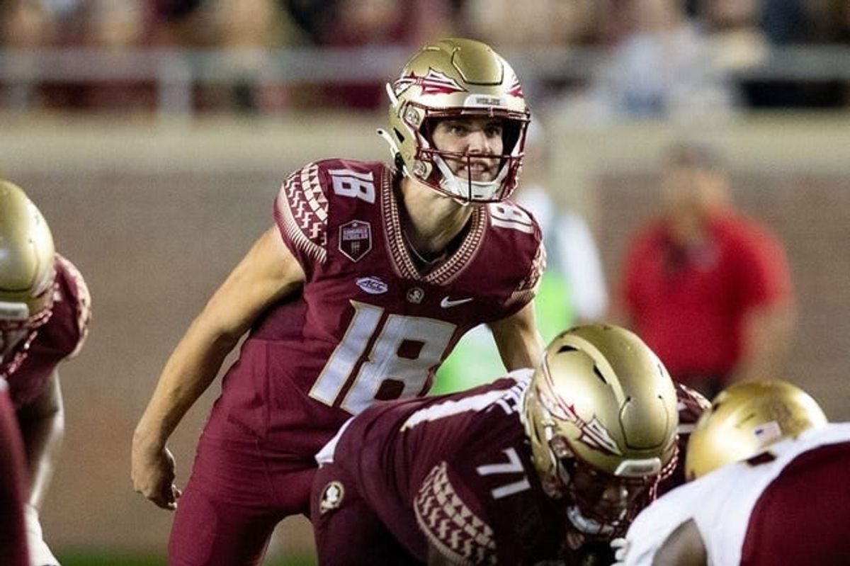 Florida State Seminoles quarterback Tate Rodemaker (18) talks to his teammates. The Florida State Seminoles defeated the Boston College Eagles 44-14 at Doak Campbell Stadium on Saturday, Sept. 24, 2022.

Fsu V Boston College Second005