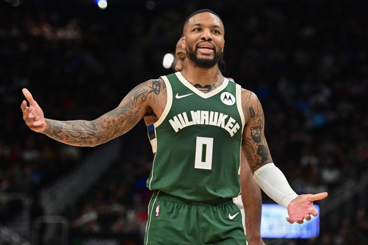 Mar 4, 2024; Milwaukee, Wisconsin, USA; Milwaukee Bucks guard Damian Lillard (0) reacts after being charged with a technical foul in the second quarter against the Los Angeles Clippers at Fiserv Forum.
