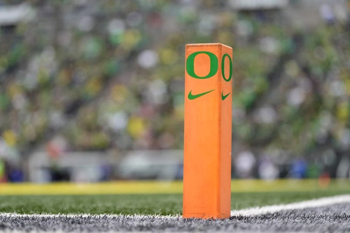 Oct 21, 2023; Eugene, Oregon, USA; A general view of an end zone pylon during the second half between the Oregon Ducks and the Washington State Cougars at Autzen Stadium.