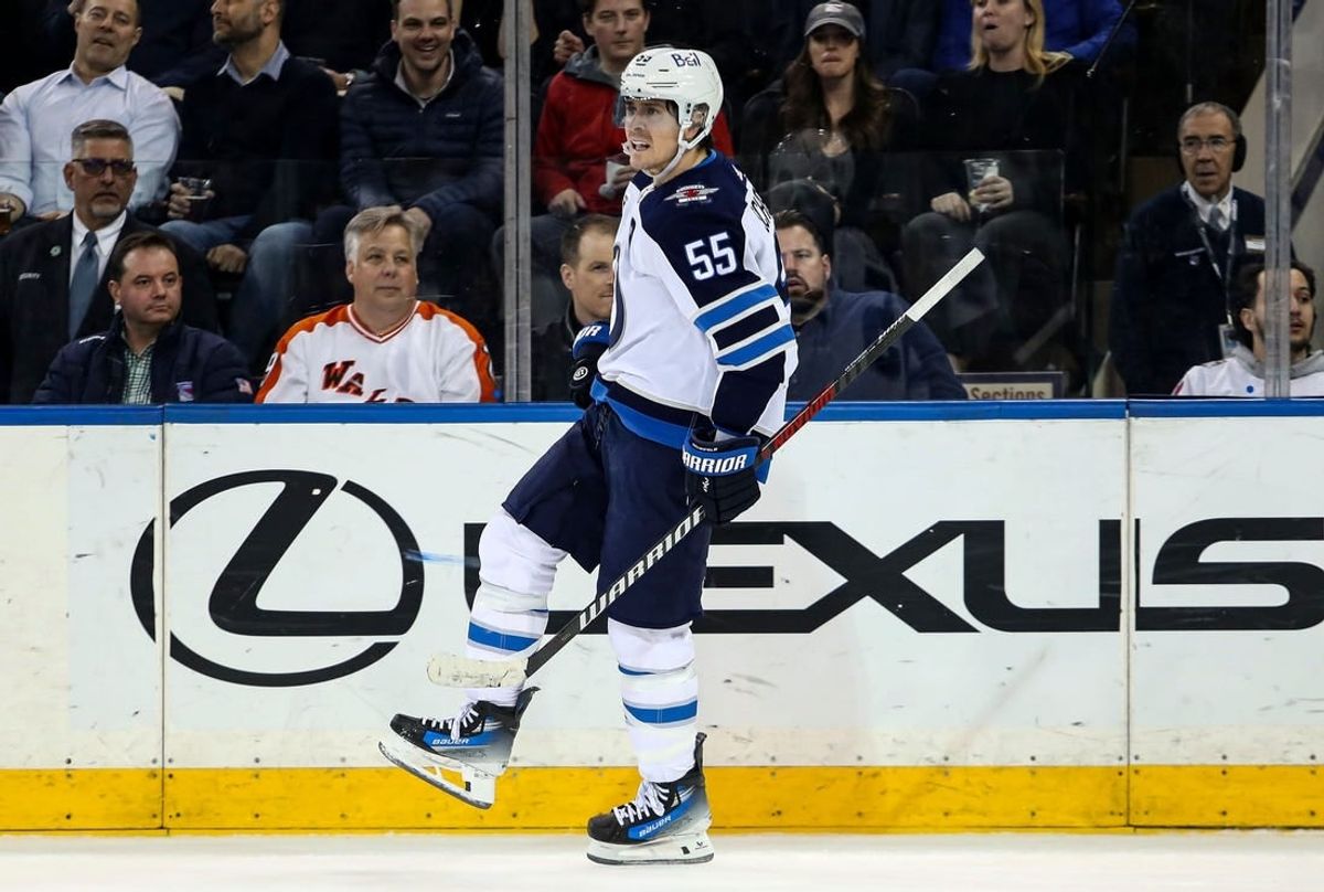 Mar 19, 2024; New York, New York, USA; Winnipeg Jets center Mark Scheifele (55) celebrates his second goal of the night against the New York Rangers during the second period at Madison Square Garden.