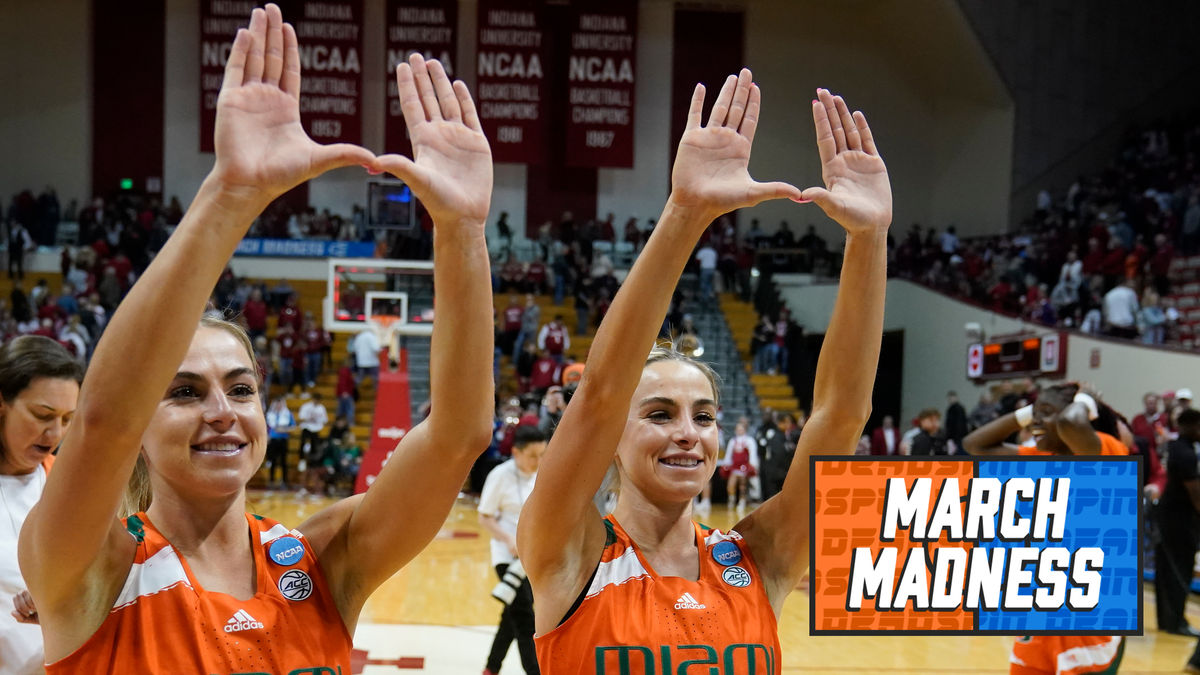 Haley Cavinder (l.) and Hanna Cavinder celebrate after Miami defeated Indiana in the NCAA Tournament.