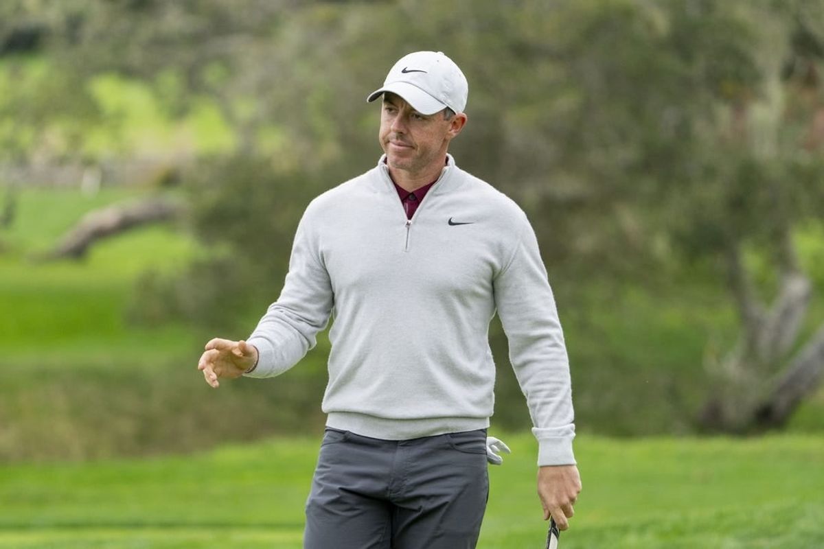 February 3, 2024; Pebble Beach, California, USA; Rory McIlroy acknowledges the crowd after making his putt on the second hole during the third round of the AT&T Pebble Beach Pro-Am golf tournament at Pebble Beach Golf Links.