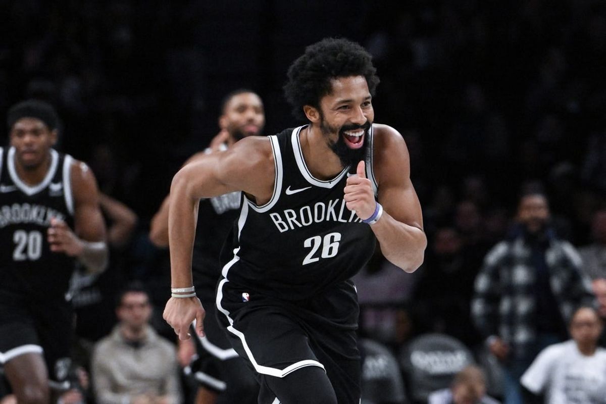 Nov 26, 2023; Brooklyn, New York, USA; Brooklyn Nets guard Spencer Dinwiddie (26) reacts after scoring a basket against the Chicago Bulls during the fourth quarter at Barclays Center.
