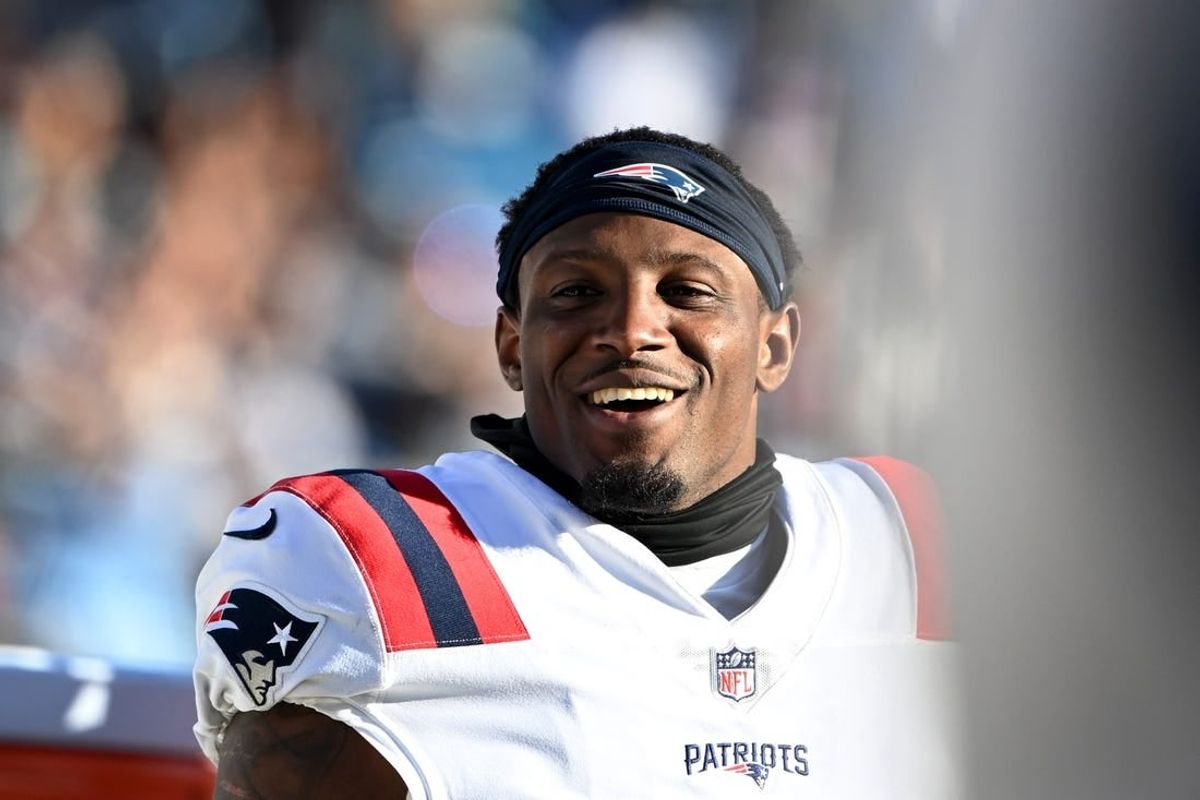 Nov 7, 2021; Charlotte, North Carolina, USA;  New England Patriots cornerback J.C. Jackson (27) on the bench in the fourth quarter at Bank of America Stadium.