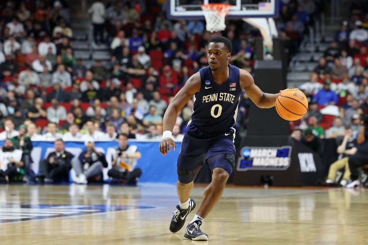 Mar 16, 2023; Des Moines, IA, USA; Penn State Nittany Lions guard Kanye Clary (0) dribbles the ball against the Texas A&M Aggies during the first half at Wells Fargo Arena.