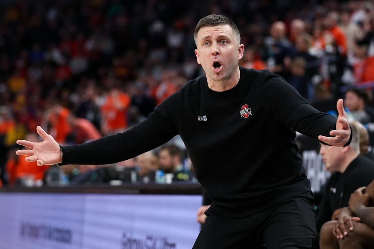 Mar 15, 2024; Minneapolis, MN, USA; Ohio State Buckeyes head coach Jake Diebler reacts to a call on the court during the second half against the Illinois Fighting Illini at Target Center.