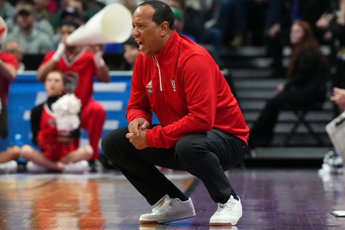 Mar 17, 2023; Denver, CO, USA;  North Carolina State Wolfpack head coach Kevin Keatts reacts to a play during the second half against Creighton Bluejays in the first round of the 2023 NCAA men   s basketball tournament at Ball Arena.