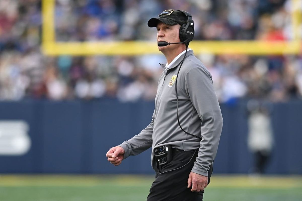 Oct 21, 2023; Annapolis, Maryland, USA; Air Force Falcons head coach Troy Calhoun looks onto the field during the first half against the Navy Midshipmen  at Navy-Marine Corps Memorial Stadium.