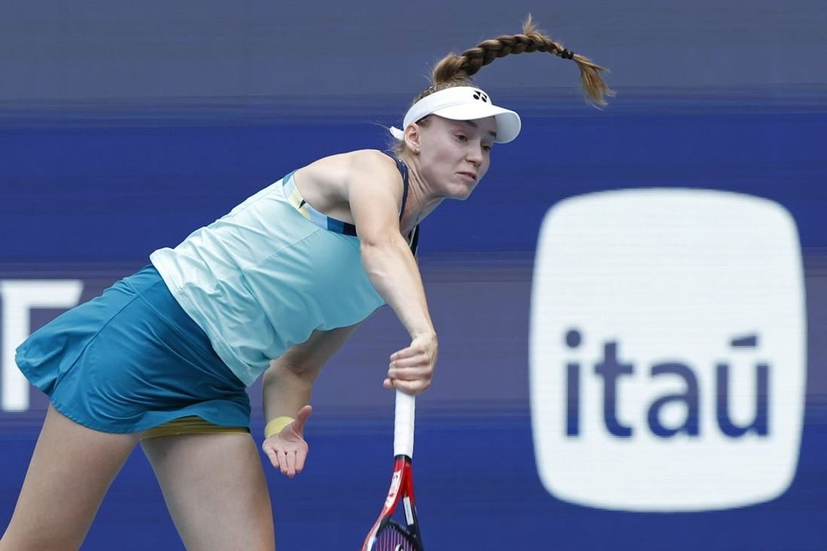 Mar 30, 2024; Miami Gardens, FL, USA; Elena Rybakina (KAZ) serves against Danielle Collins (USA) (not pictured) in the women's singles final of the Miami Open at Hard Rock Stadium.