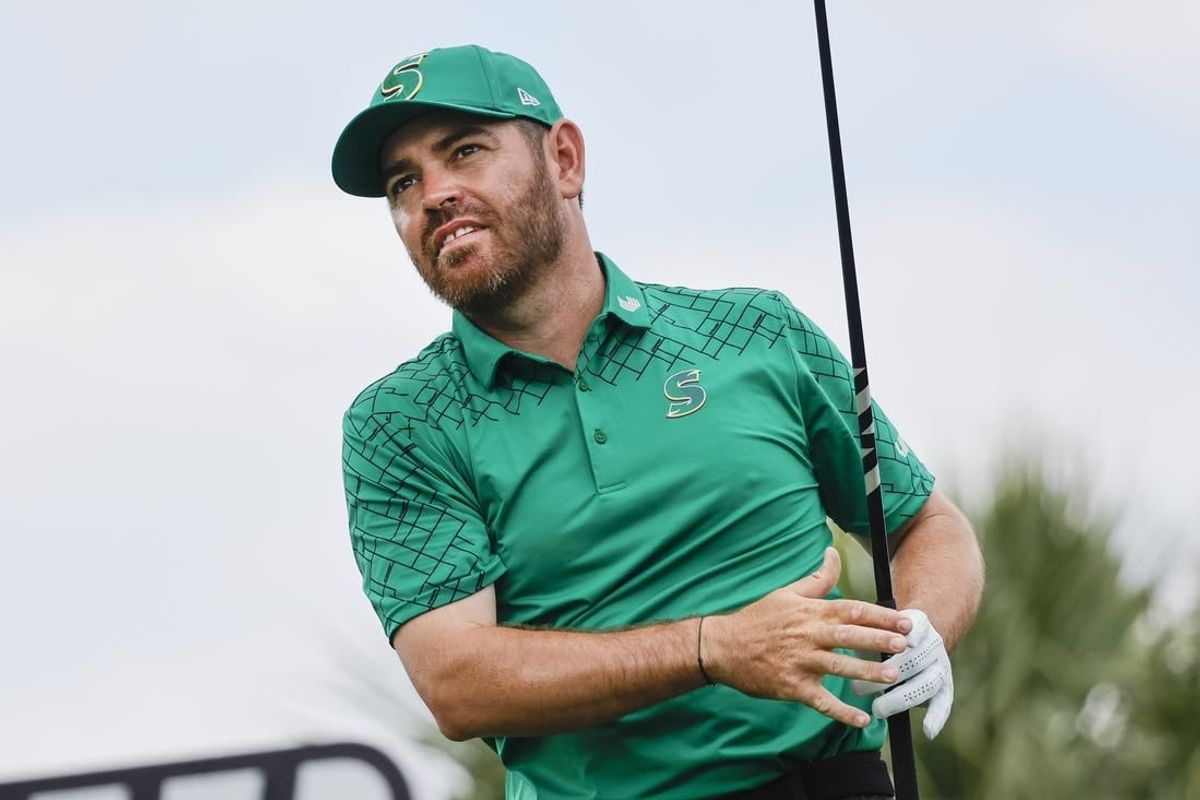 Apr 7, 2024; Miami, Florida, USA; Louis Oosthuizen of the Stinger golf club plays his shot from the eighth tee during the final round of LIV Golf Miami golf tournament at Trump National Doral.