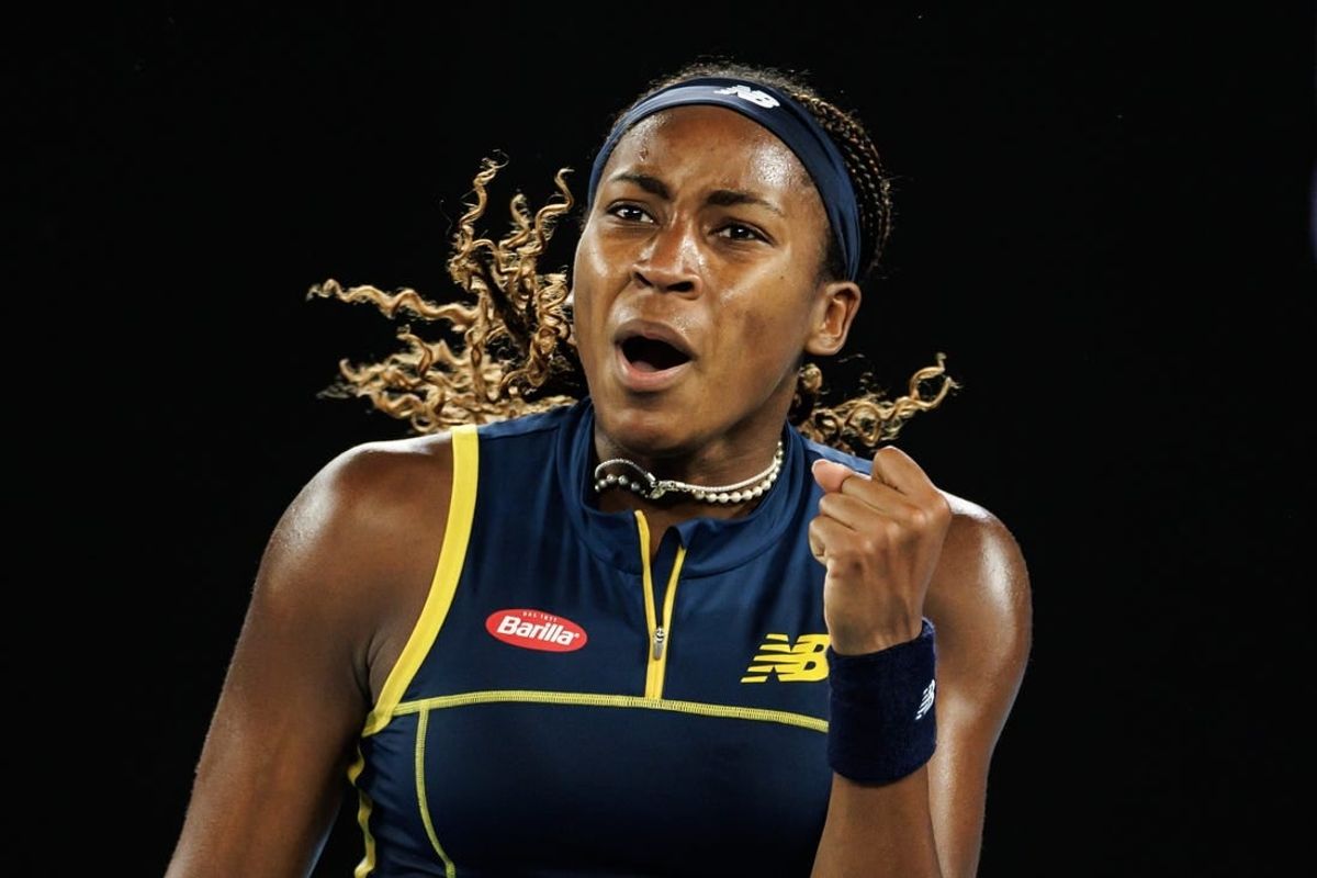 Jan 25, 2024; Melbourne, Victoria, Australia; Coco Gauff of the United States celebrates against Aryna Sabalenka of Belarus in the semi-final of the women s singles at the Australian Open.