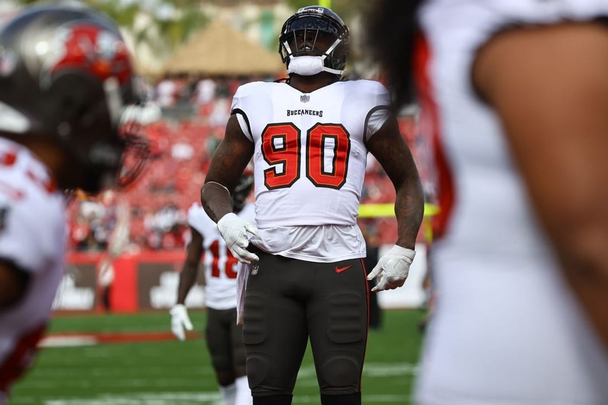 Jan 16, 2022; Tampa, Florida, USA;Tampa Bay Buccaneers outside linebacker Jason Pierre-Paul (90) prior to the game  in a NFC Wild Card playoff football game at Raymond James Stadium.