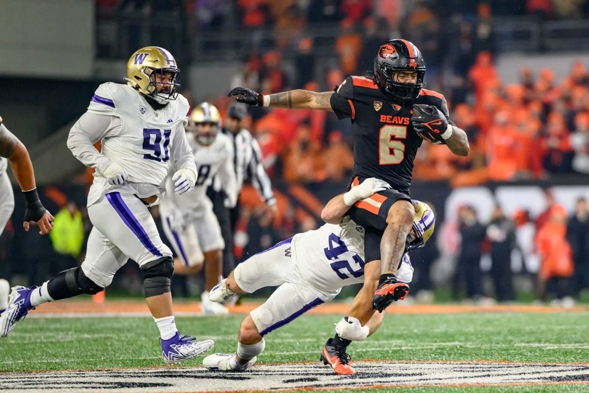 Nov 18, 2023; Corvallis, Oregon, USA; Oregon State Beavers running back Damien Martinez (6) runs the ball during the third quarter against the Washington Huskies at Reser Stadium.