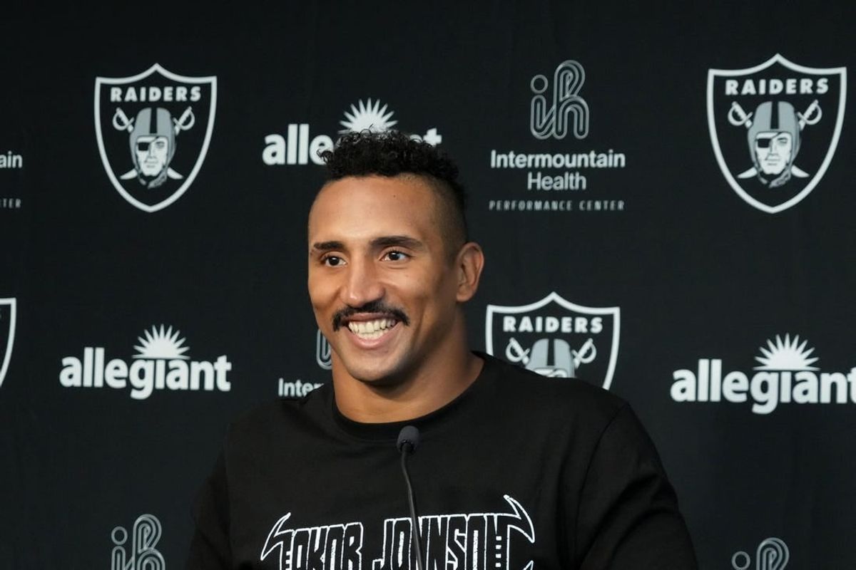 Jul 31, 2023; Henderson, NV, USA; Las Vegas Raiders fullback Jakob Johnson during training camp press conference at the Intermountain Health Performance Center.