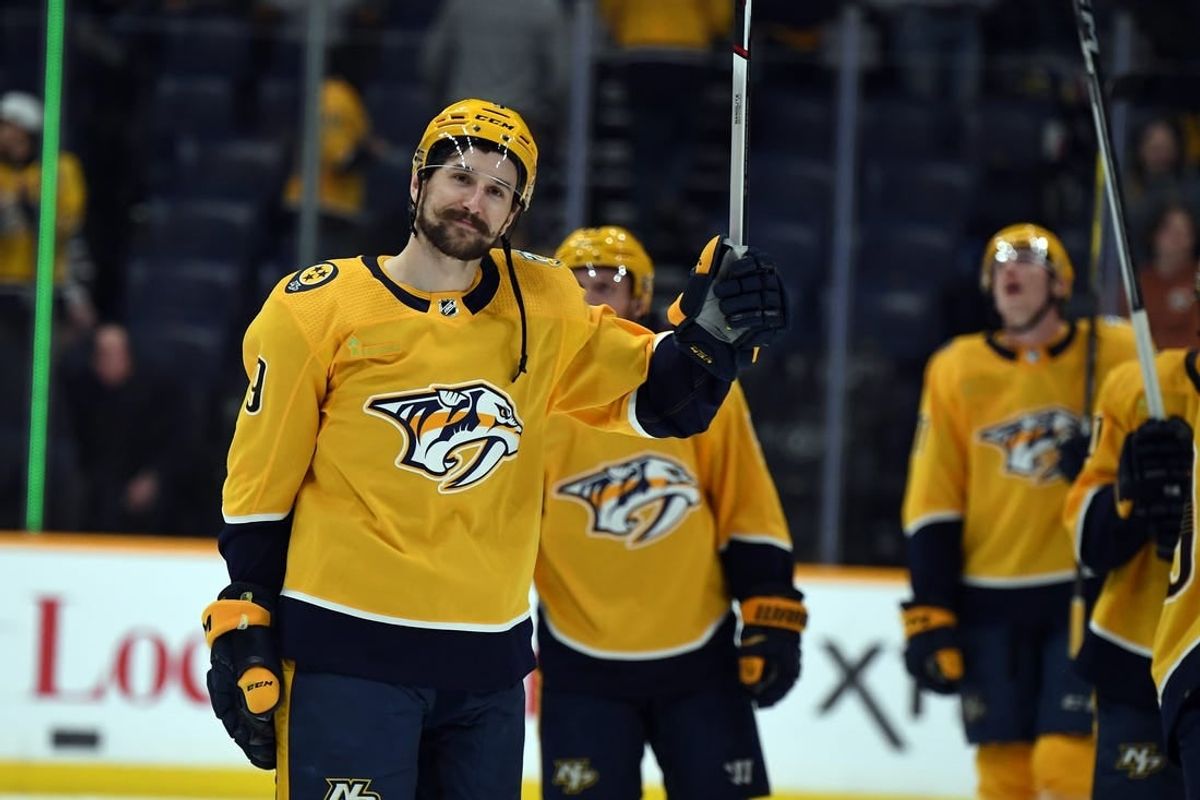 Mar 19, 2024; Nashville, Tennessee, USA; Nashville Predators left wing Filip Forsberg (9) waives to the fans after a win against the San Jose Sharks at Bridgestone Arena.