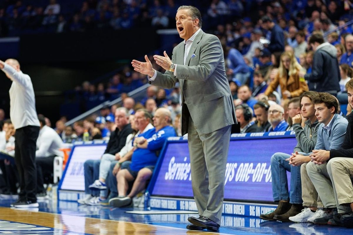 Nov 10, 2023; Lexington, Kentucky, USA; Kentucky Wildcats head coach John Calipari coaches during the first half against the Texas A&M Commerce Lions at Rupp Arena at Central Bank Center.
