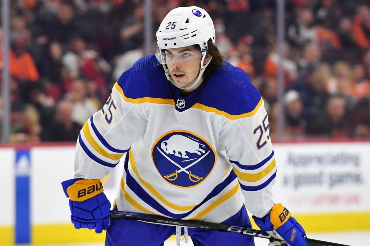 Apr 1, 2023; Philadelphia, Pennsylvania, USA; Buffalo Sabres defenseman Owen Power (25) against the Philadelphia Flyers at Wells Fargo Center.
