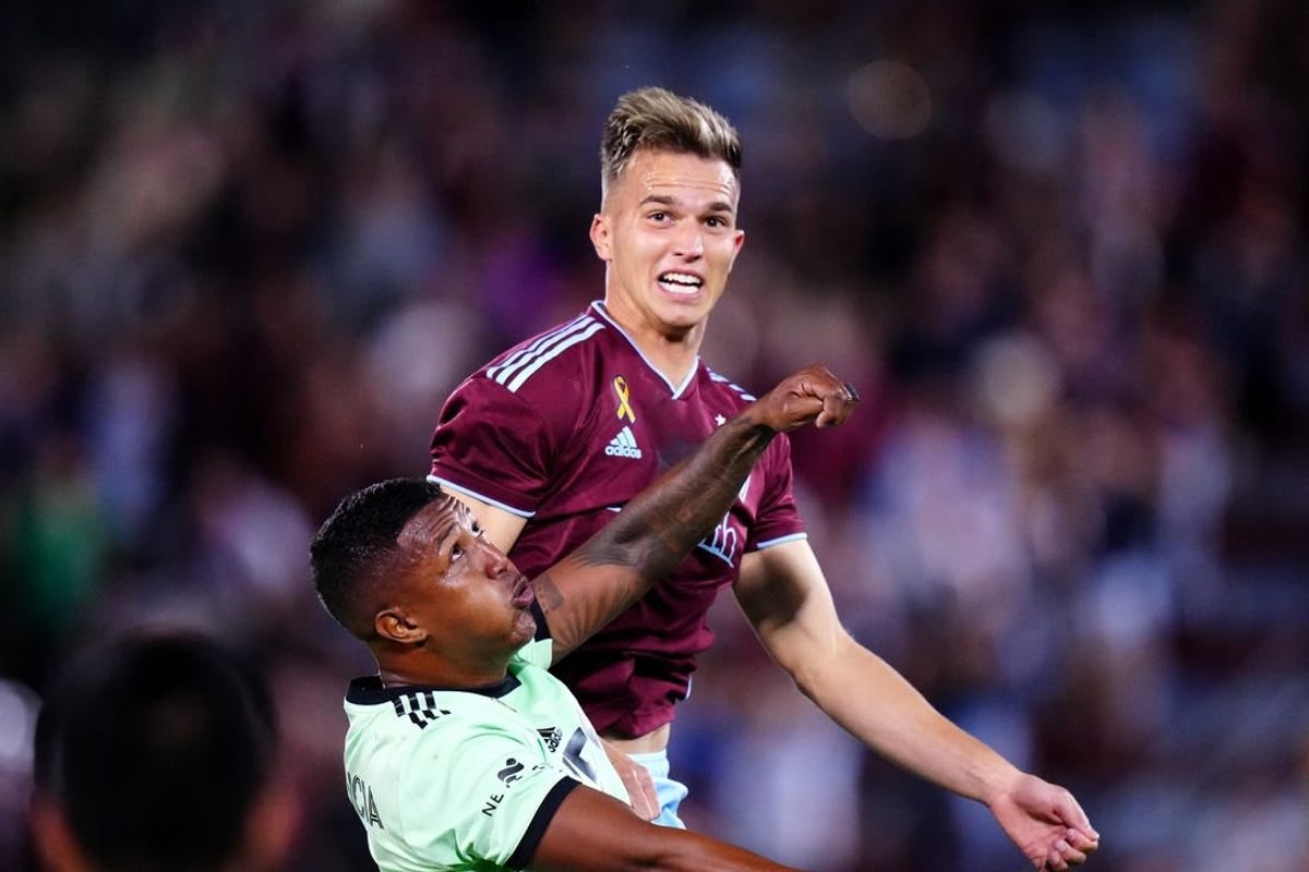 Sep 30, 2023; Commerce City, Colorado, USA; Austin FC midfielder Jhojan Valencia (5) and Colorado Rapids midfielder Cole Bassett (23) during the second half at Dick's Sporting Goods Park.
