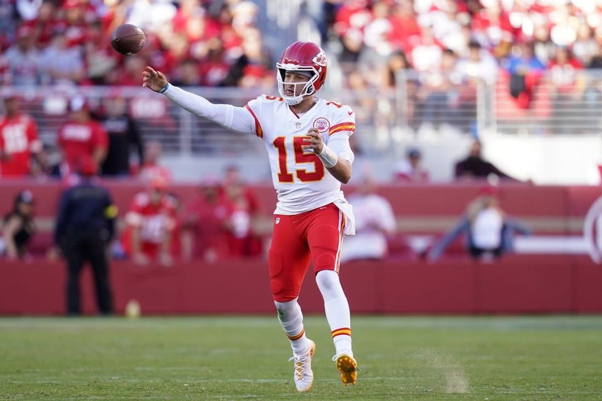 Kansas City Chiefs quarterback Patrick Mahomes (15) throws a pass against the San Francisco 49ers in the fourth quarter at Levi's Stadium.