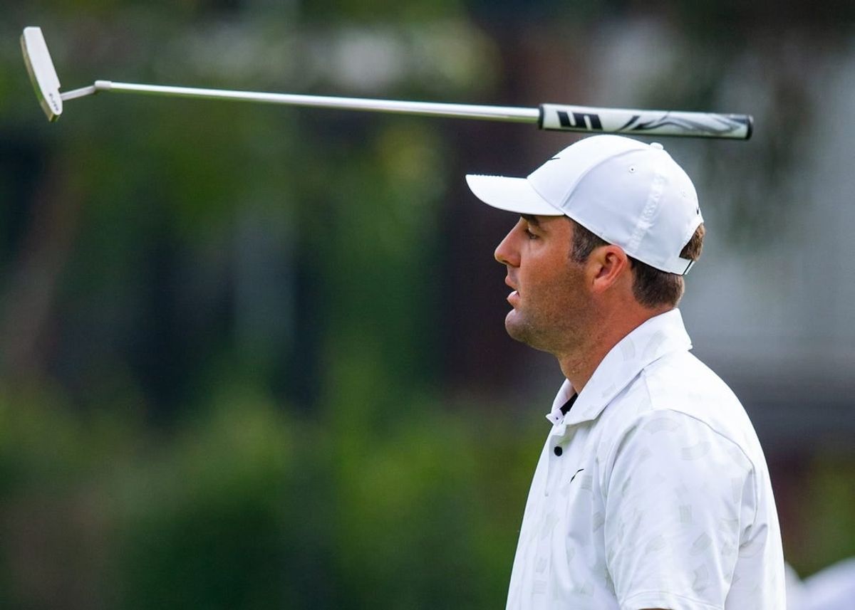 Feb 17, 2024; Pacific Palisades, California, USA; Scottie Scheffler reacts after a putt on the sixteenth hole during the third round of The Genesis Invitational golf tournament at Riviera Country Club.