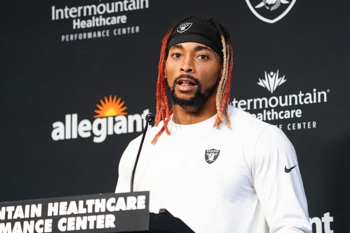 Jul 28, 2022; Las Vegas, Nevada, US; Las Vegas Raiders cornerback Anthony Averett (29) answers questions to the media during training camp at Intermountain Healthcare Performance Center.