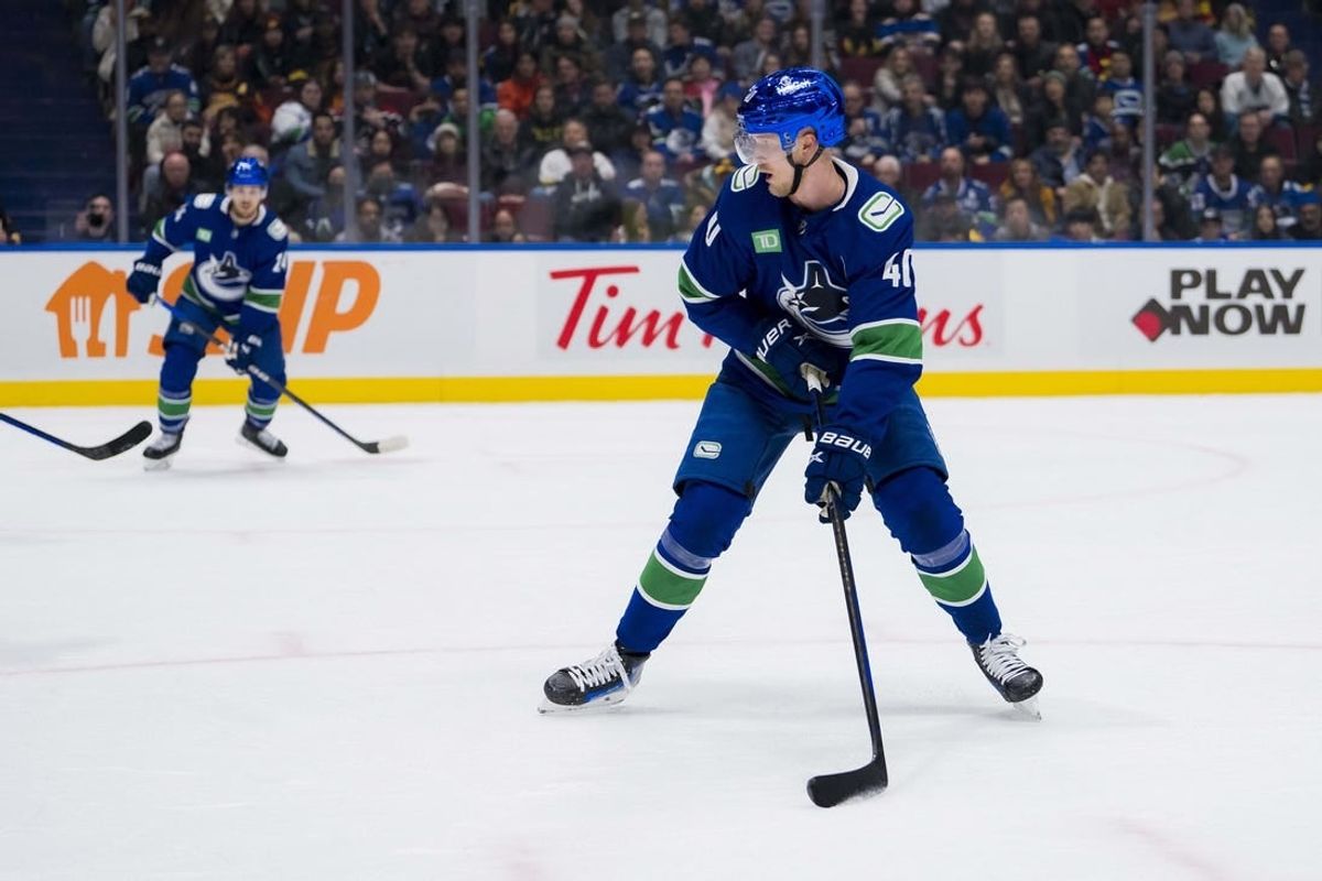 Jan 24, 2024; Vancouver, British Columbia, CAN; Vancouver Canucks forward Elias Pettersson (40) handles the puck against the St. Louis Blues in the third period at Rogers Arena. Blues 4-3 in overtime.