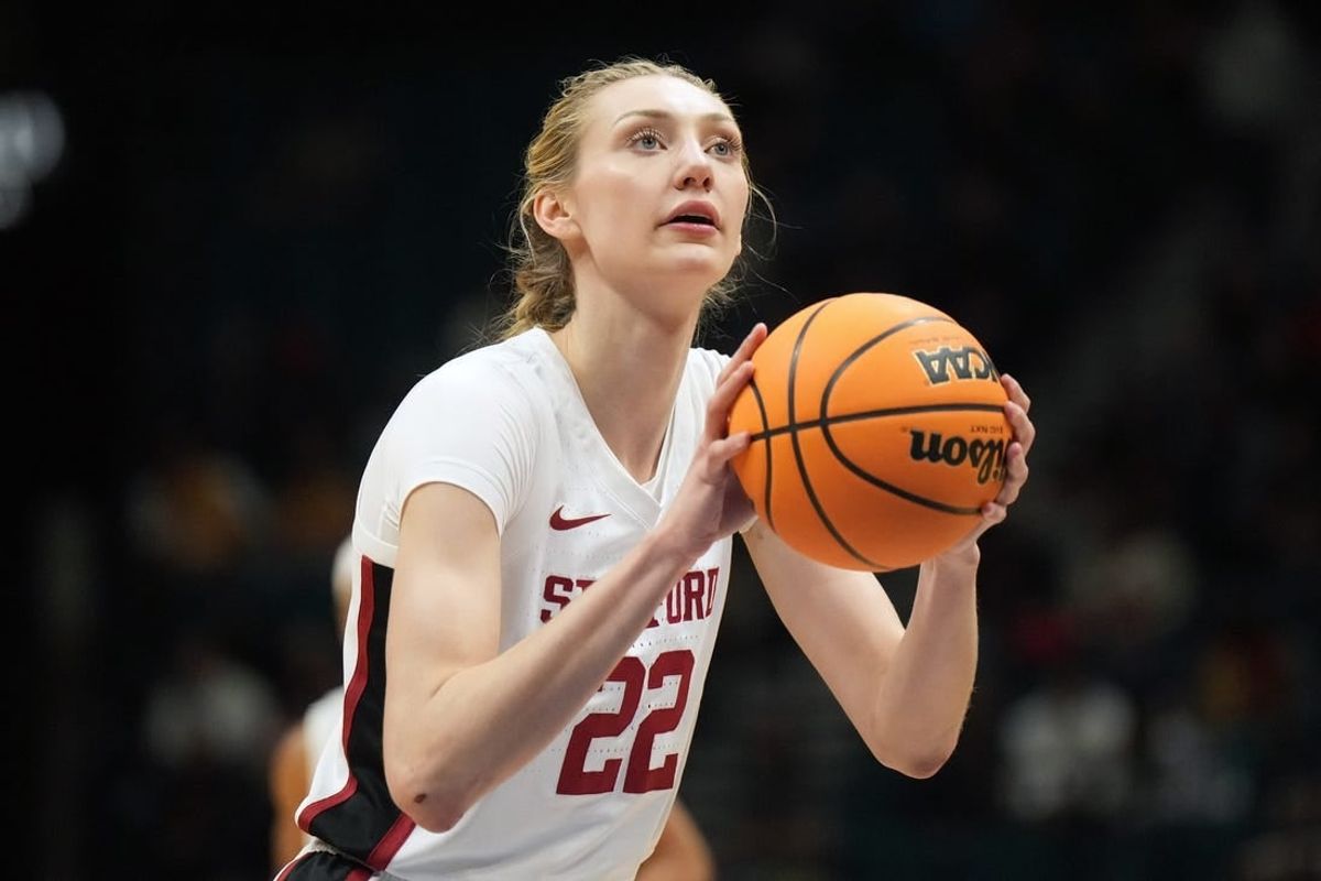 Mar 10, 2024; Las Vegas, NV, USA; Stanford Cardinal forward Cameron Brink (22) shoots the ball against the Southern California Trojans  the first half of the Pac-12 Tournament women's championship game at MGM Grand Garden Arena.