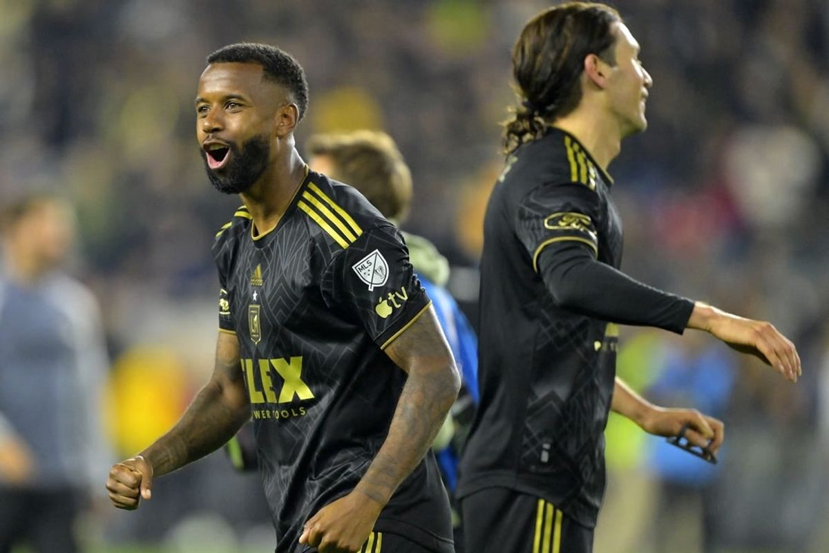 Dec 2, 2023; Los Angeles, California, USA; Los Angeles FC midfielder Kellyn Acosta (23) reacts after defeating the Houston Dynamo for the MLS Cup Western Conference Final at BMO Stadium.