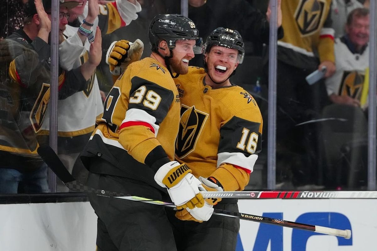 Apr 2, 2024; Las Vegas, Nevada, USA; Vegas Golden Knights right wing Anthony Mantha (39) celebrates with Vegas Golden Knights left wing Pavel Dorofeyev (16) after scoring a goal against the Vancouver Canucks during the first period at T-Mobile Arena.